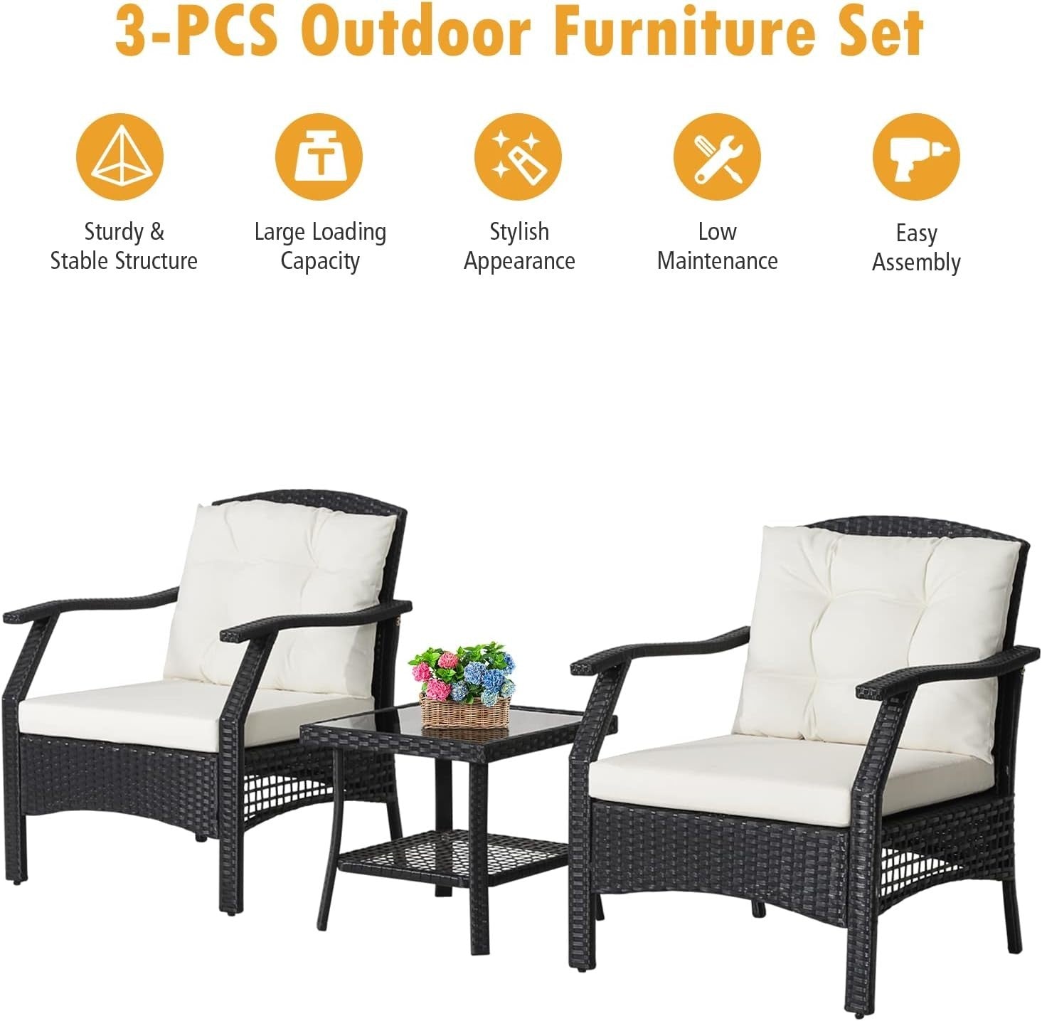 3pc Outdoor Rattan Garden Chairs Set with Cushioned Seating & Glass Table