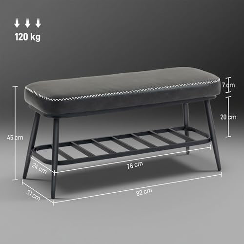 Charcoal Grey PU Leather Shoe Storage Bench with Cushion Seat & Metal Frame