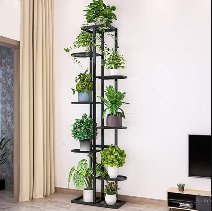 8 Tier Tall Metal Plant Stand Dark Grey Indoor Outdoor Flower Pot Shelf Rack