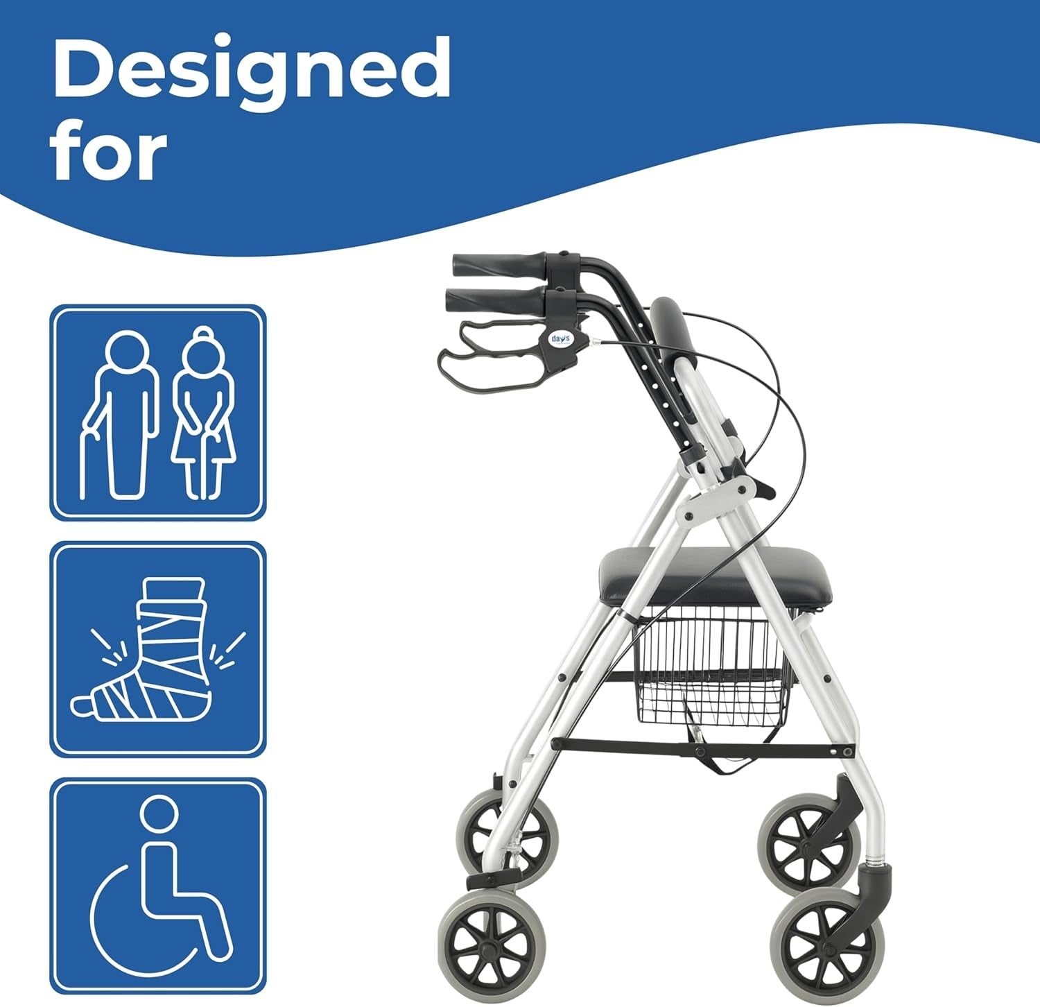 4 Wheel Rollator Walker with Seat Lightweight Folding Mobility Aid Brakes Basket
