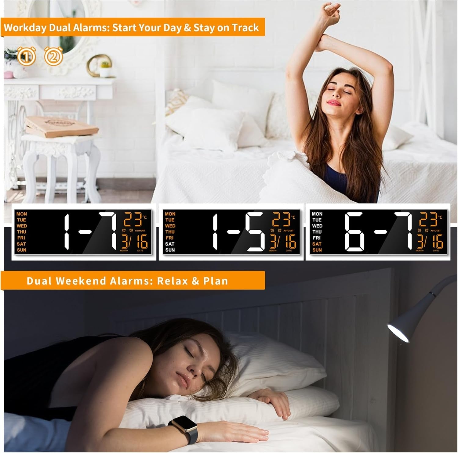 16 Inch Large Digital Wall Clock RGB LED Remote Alarm Temp Date