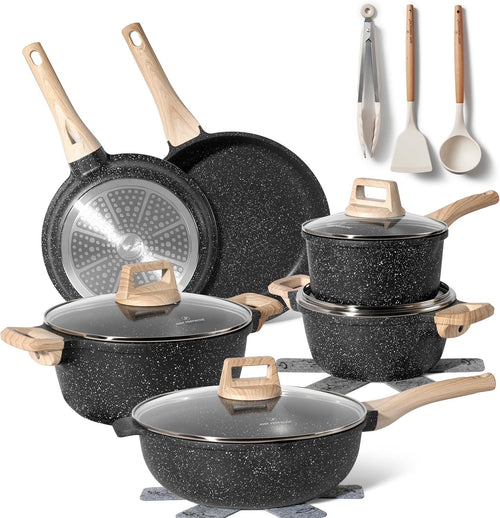 15pcs Black Granite Induction Non Stick Cookware Set Pots & Pans Kitchen Set