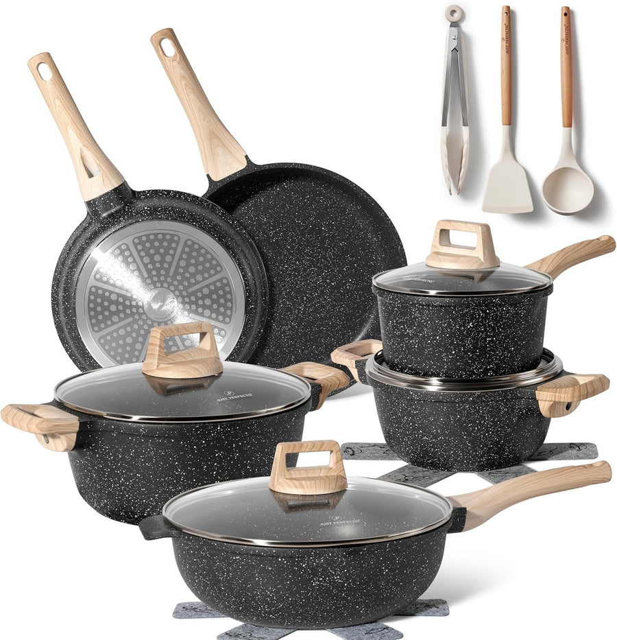 15pcs Black Granite Induction Non Stick Cookware Set Pots & Pans Kitchen Set