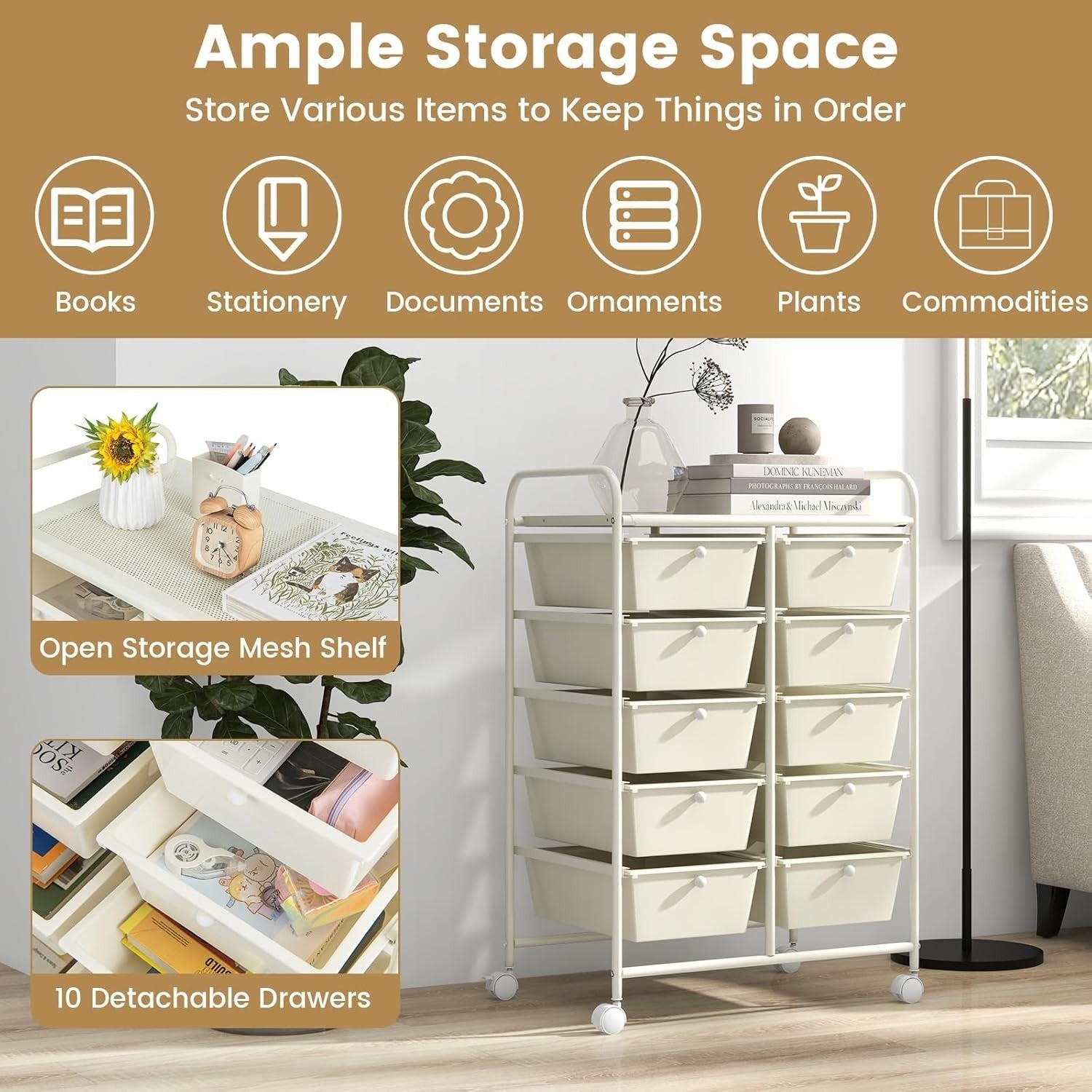10 Drawer Rolling Storage Cart Utility Organizer Trolley w/ Lock Wheels