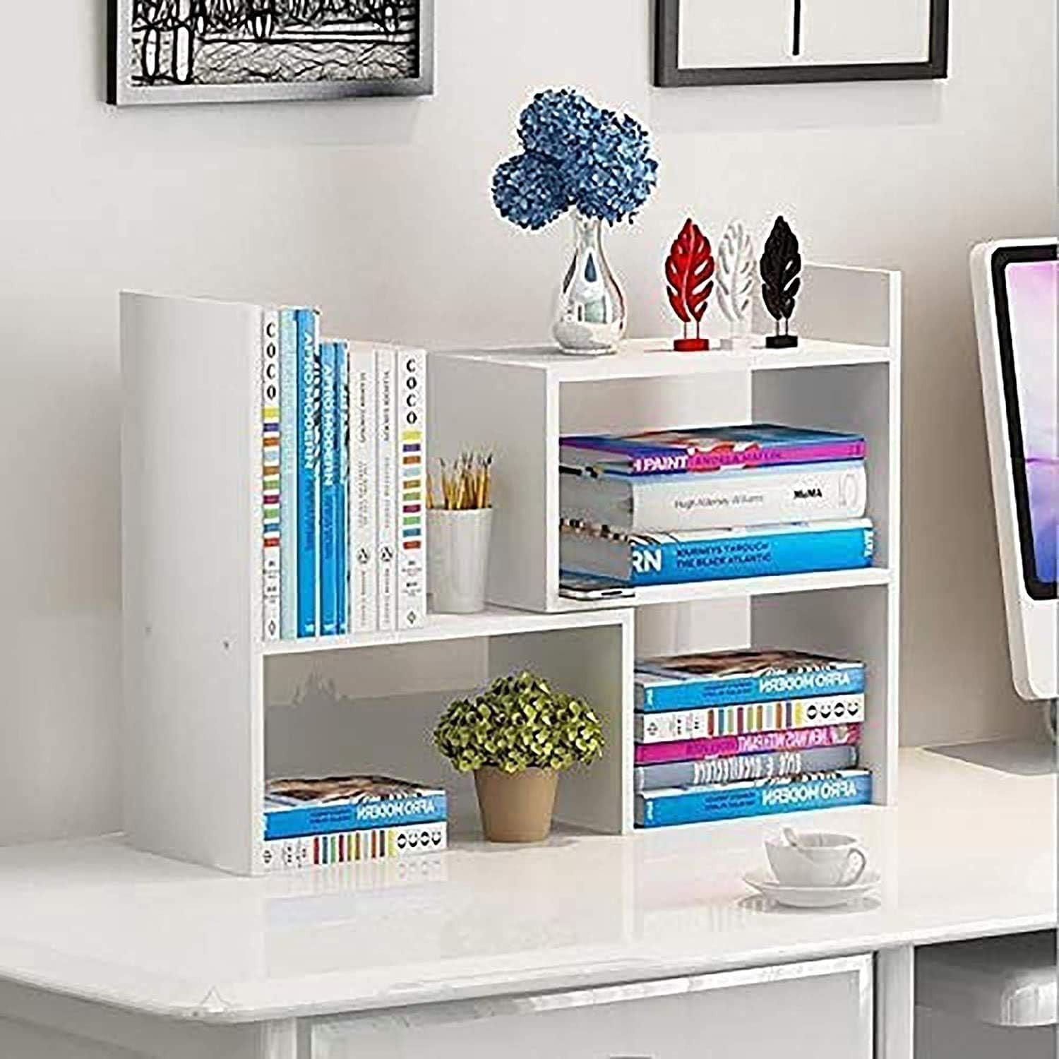 Expandable Desktop Bookshelf Desk Organizer Shelf Wooden Tabletop Storage
