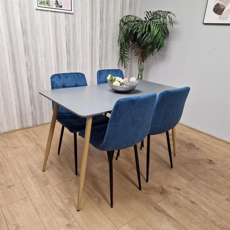 Modern Grey Dining Table Set with 4 Blue Velvet Chairs for Kitchen Home