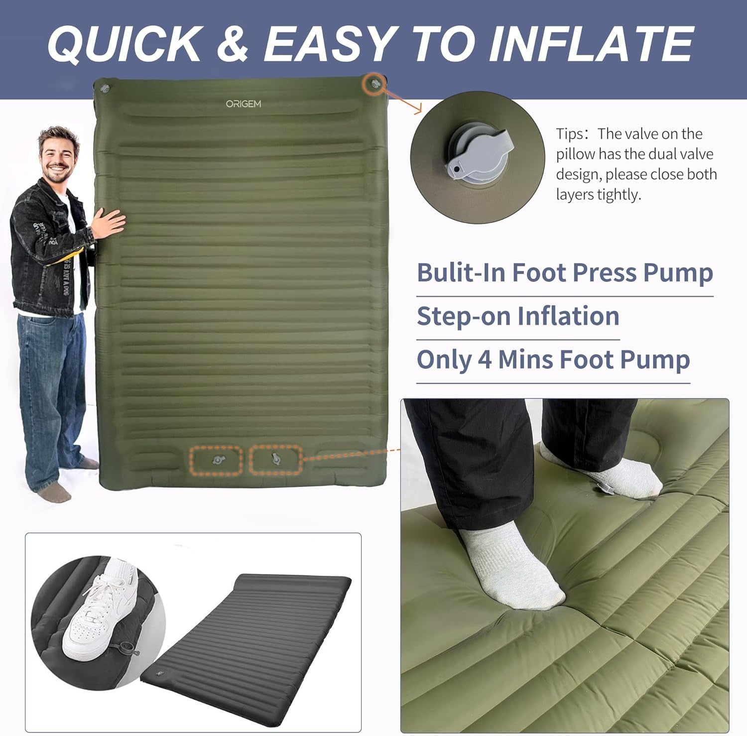 Self-Inflating Double Camping Mattress – Extra Thick, Wide, Portable.