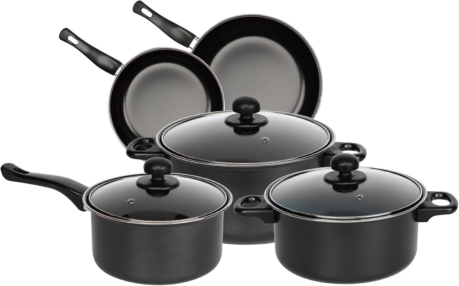 8pcs Carbon Steel Cookware Set Non Stick Pans Casseroles with Glass Lids Black
