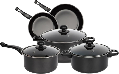 8pcs Carbon Steel Cookware Set Non Stick Pans Casseroles with Glass Lids Black