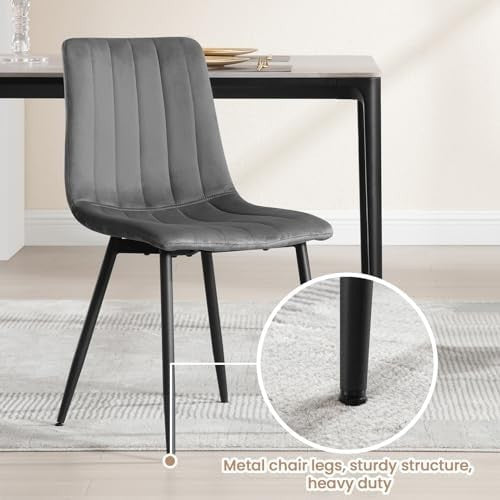 4 Velvet Dining Chairs Padded Upholstered Seat Metal Legs Modern Grey