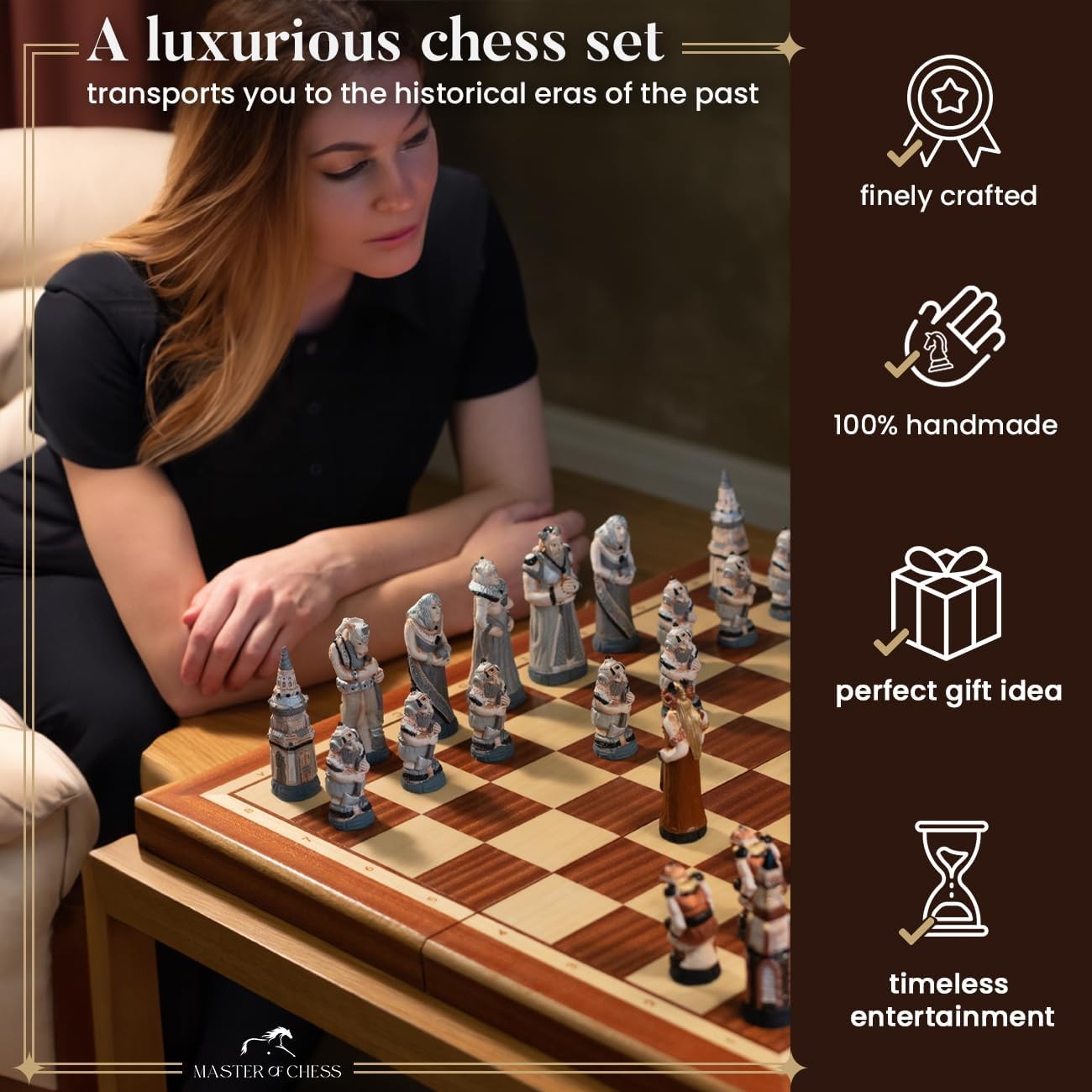 58cm Medieval Fantasy Chess Set | Stone Figures & Inlaid Wooden Board | Handcraf