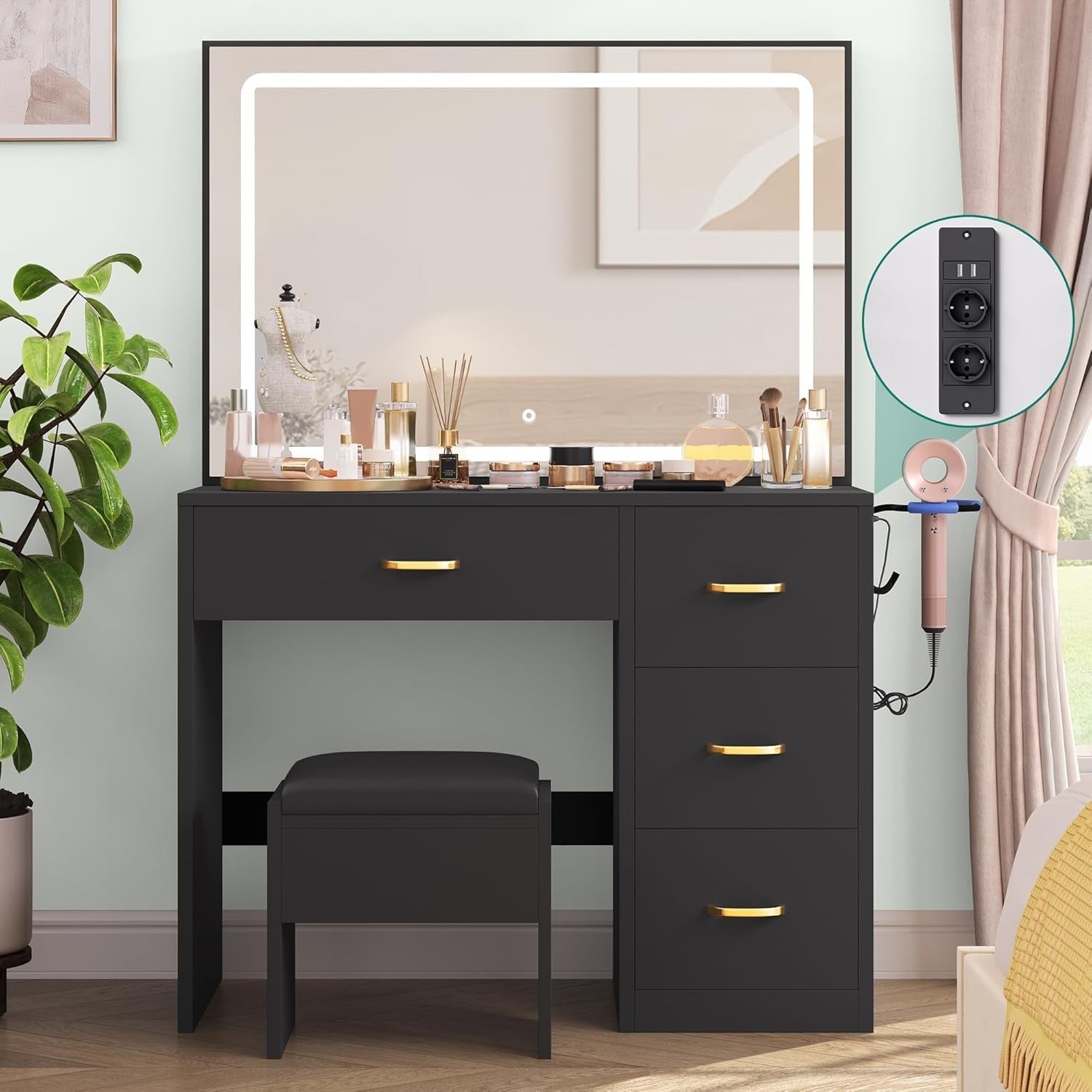 Vanity Makeup Dressing Table w/ Mirror & Lights, Charging Station, 4 Drawers, Bl