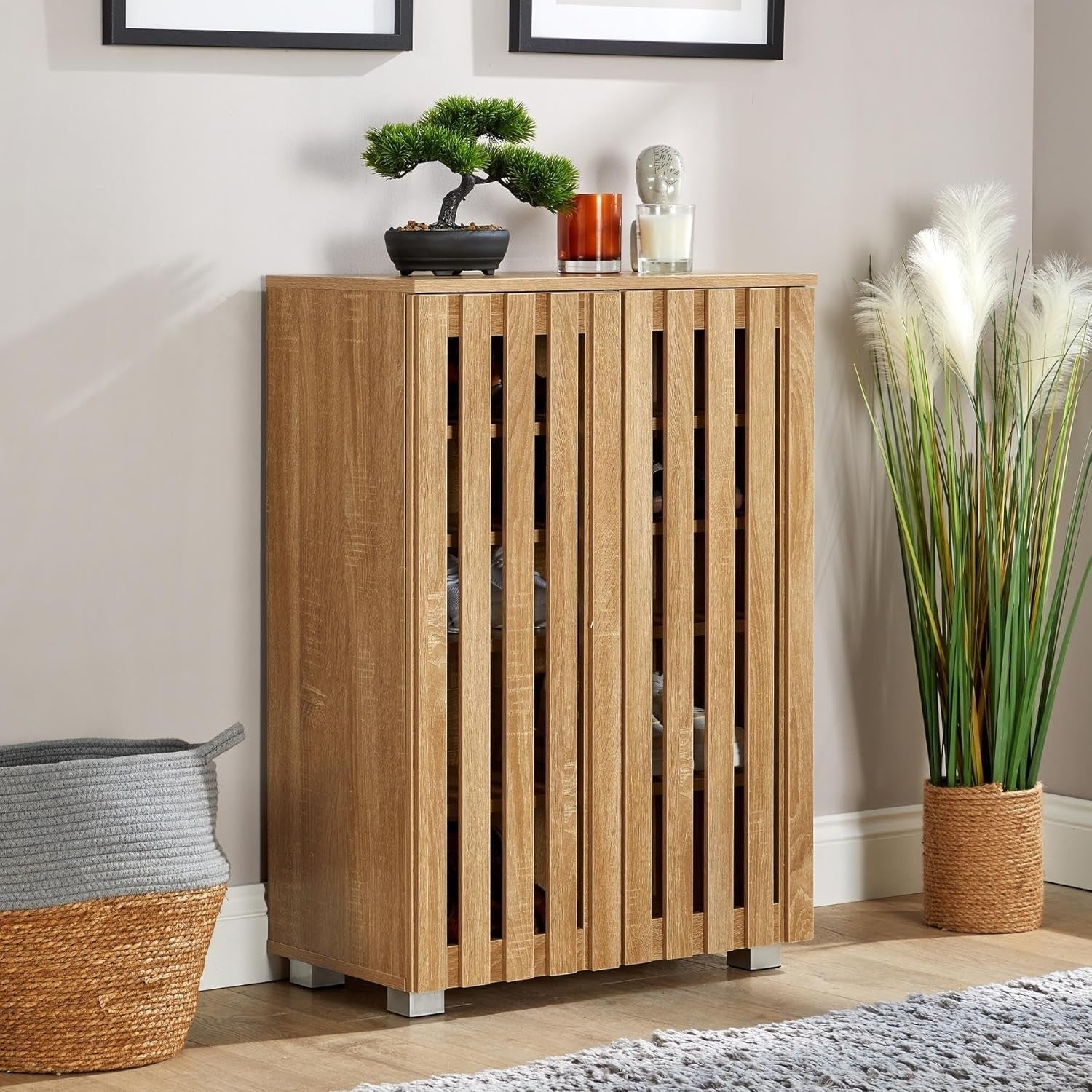 Spacious 2 Door Wooden Shoe Cabinet with 4 Shelves | Oak Effect, Durable