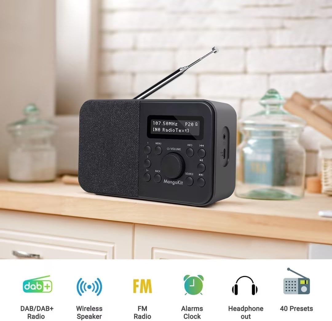 Portable DAB DAB+ FM Radio Bluetooth Kitchen Alarm Stone Grey