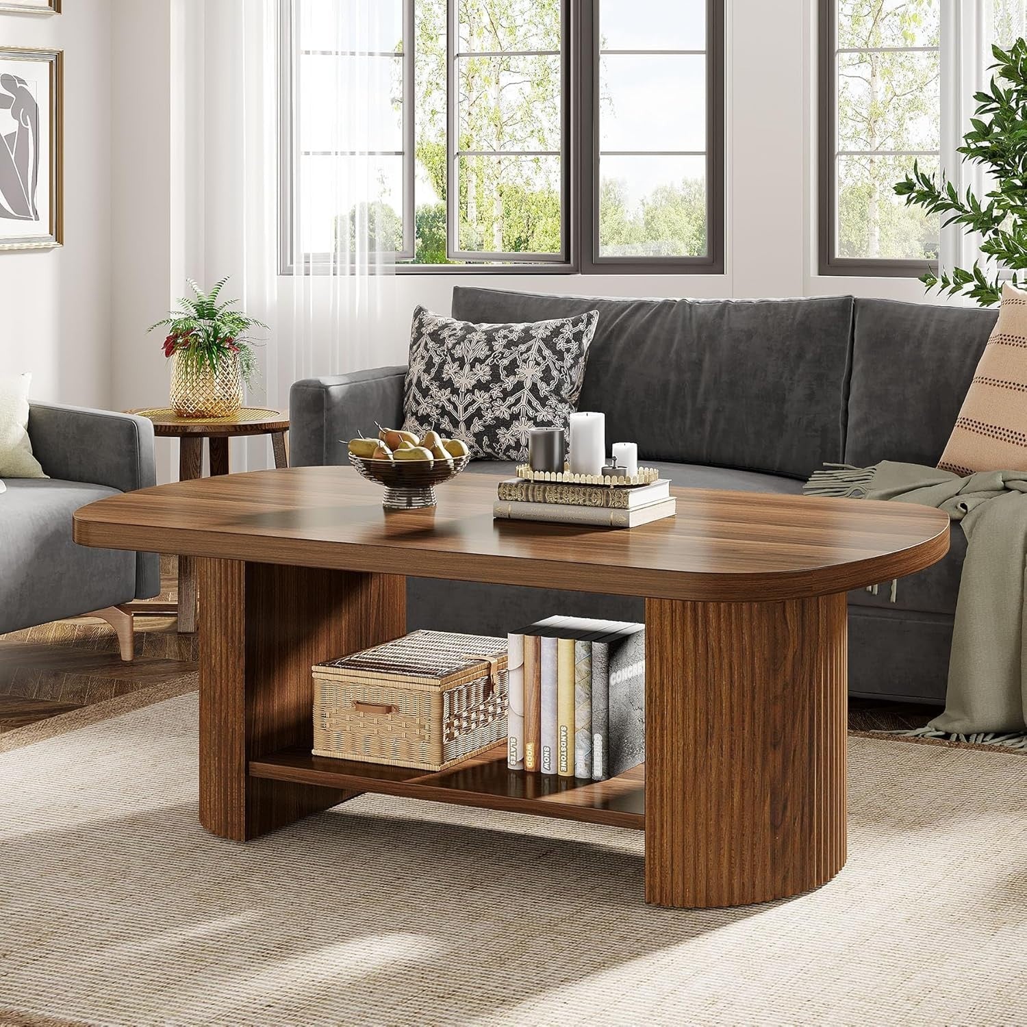 Oval 2-Tier Coffee Table with Storage Shelf, Mid-Century Rustic Brown 115cm