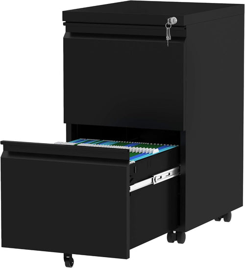 Black Mobile Filing Cabinet 2 Drawer Locking Metal Office Storage 71cm