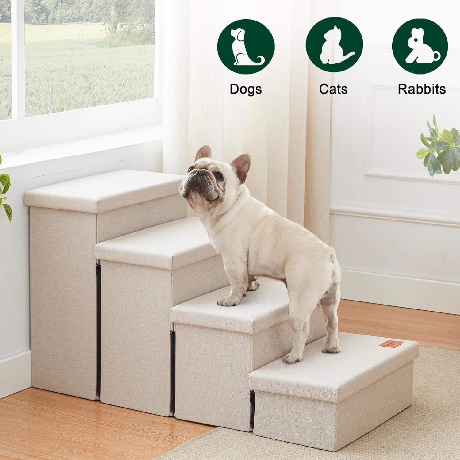 Dog Stairs 4 Step with Storage Foldable Pet Steps Beige 200lb
