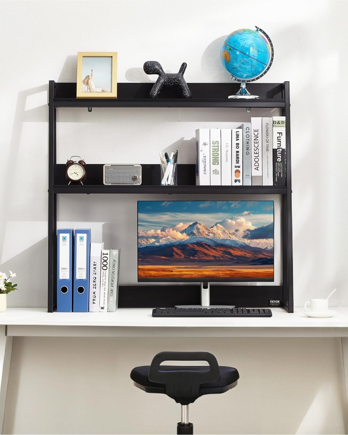 Black 2-Tier Desktop Bookshelf 95cm Desk Hutch Organiser for 32" Monitor