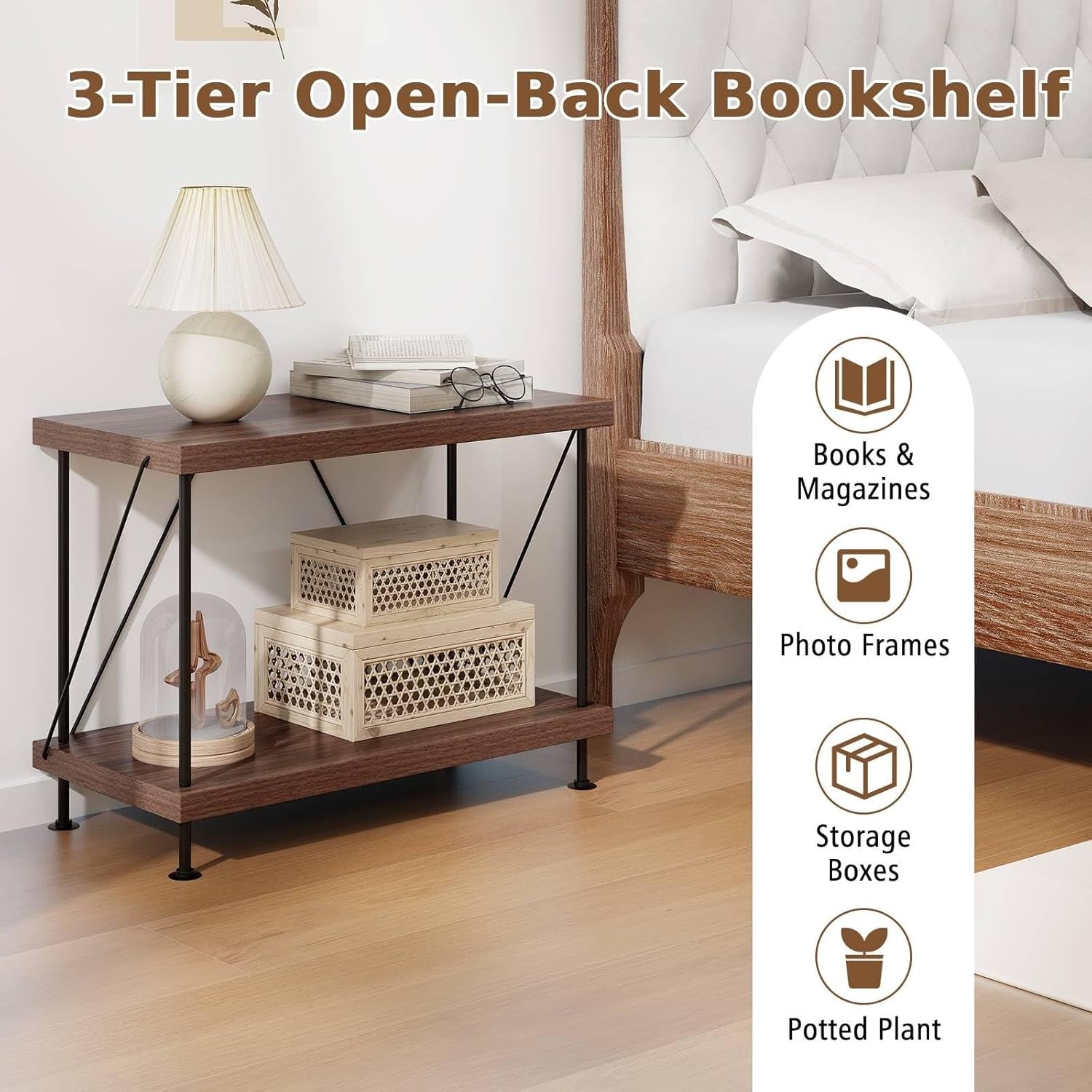 2-Tier Industrial Bookshelf Metal Frame Rustic Wood Storage Display Table Unit