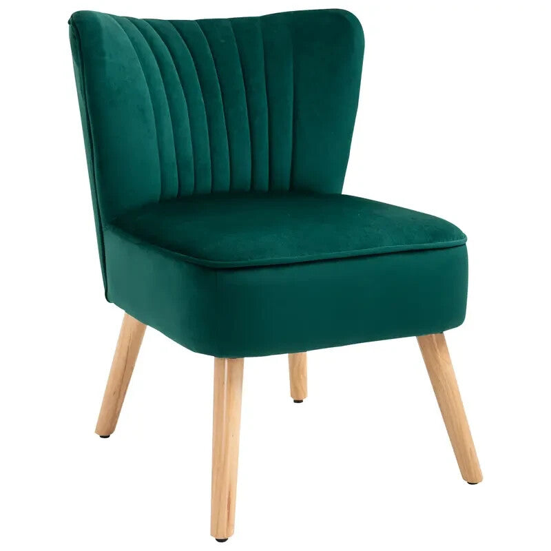 Green Velvet Armless Accent Chair Wooden Legs Tub Lounge Seat for Bedroom