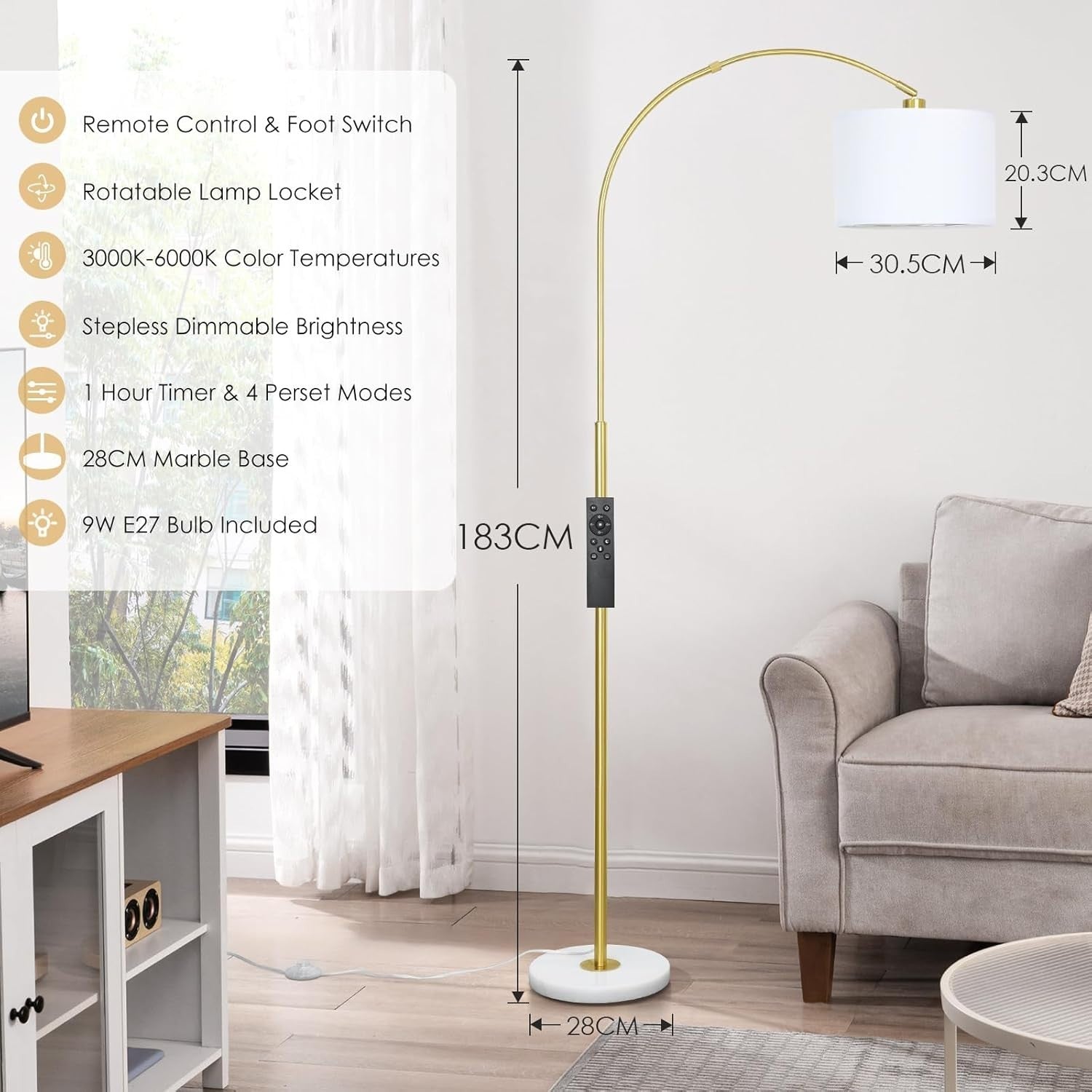 Modern Arc Floor Lamp with Remote Dimmable LED Light for Living & Bedroom
