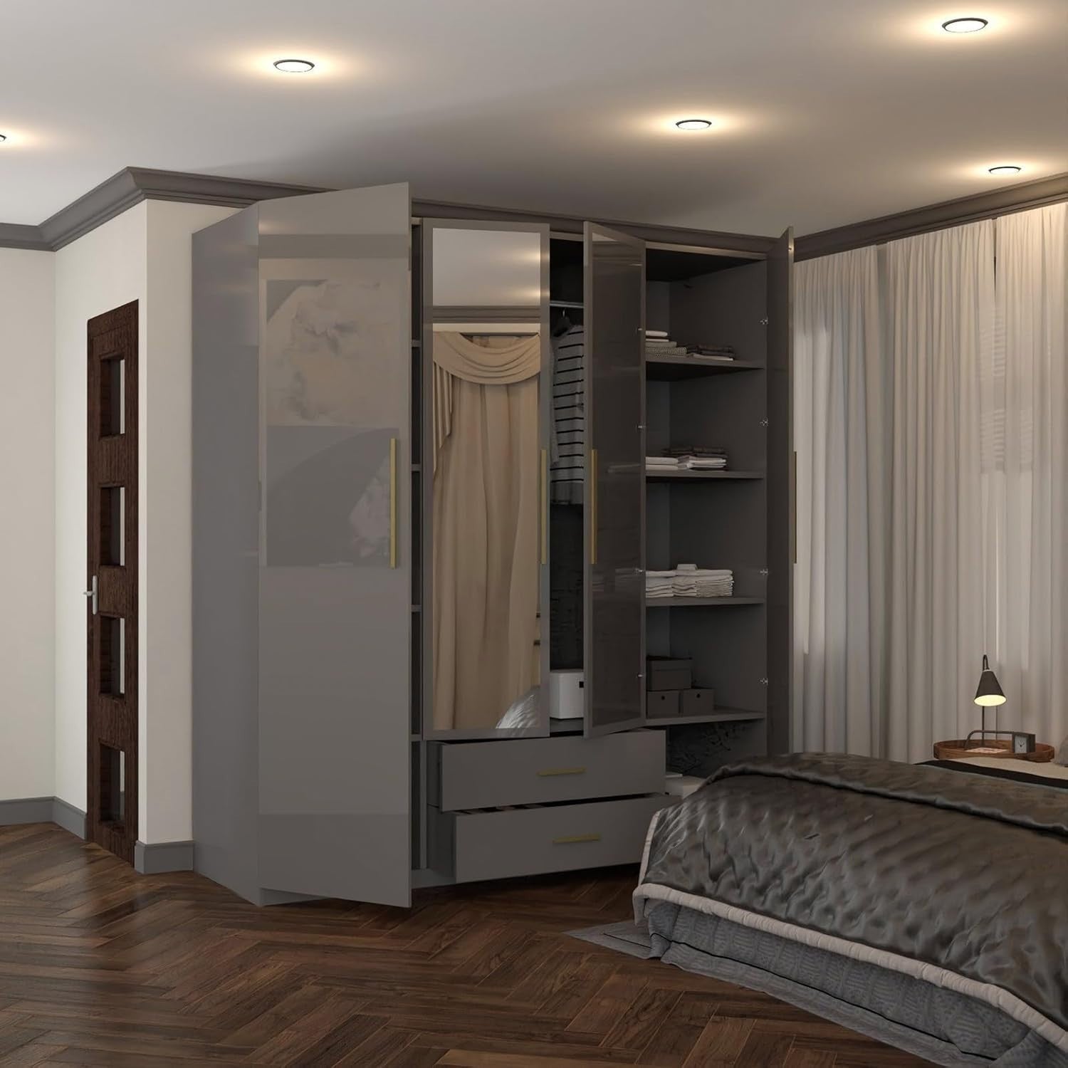 160cm Grey High Gloss Wardrobe with Mirror, Drawers & Hanging Rail Storage