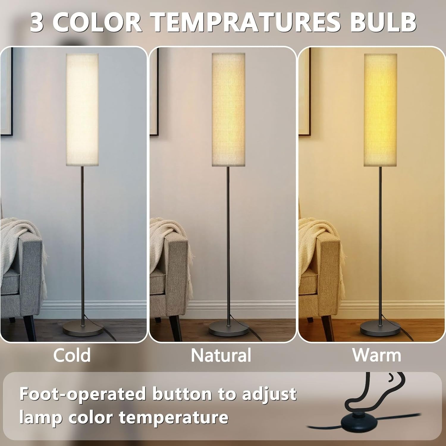 Floor Lamp Tall Dimmable Linen Shade Standing Light Foot Switch Modern