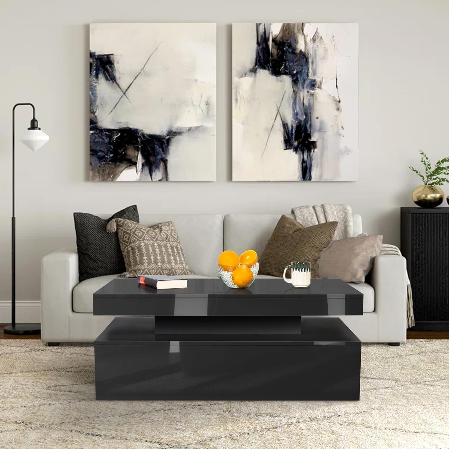 Black Gloss LED Coffee Table with Storage Drawers & Remote Lights | 94cm