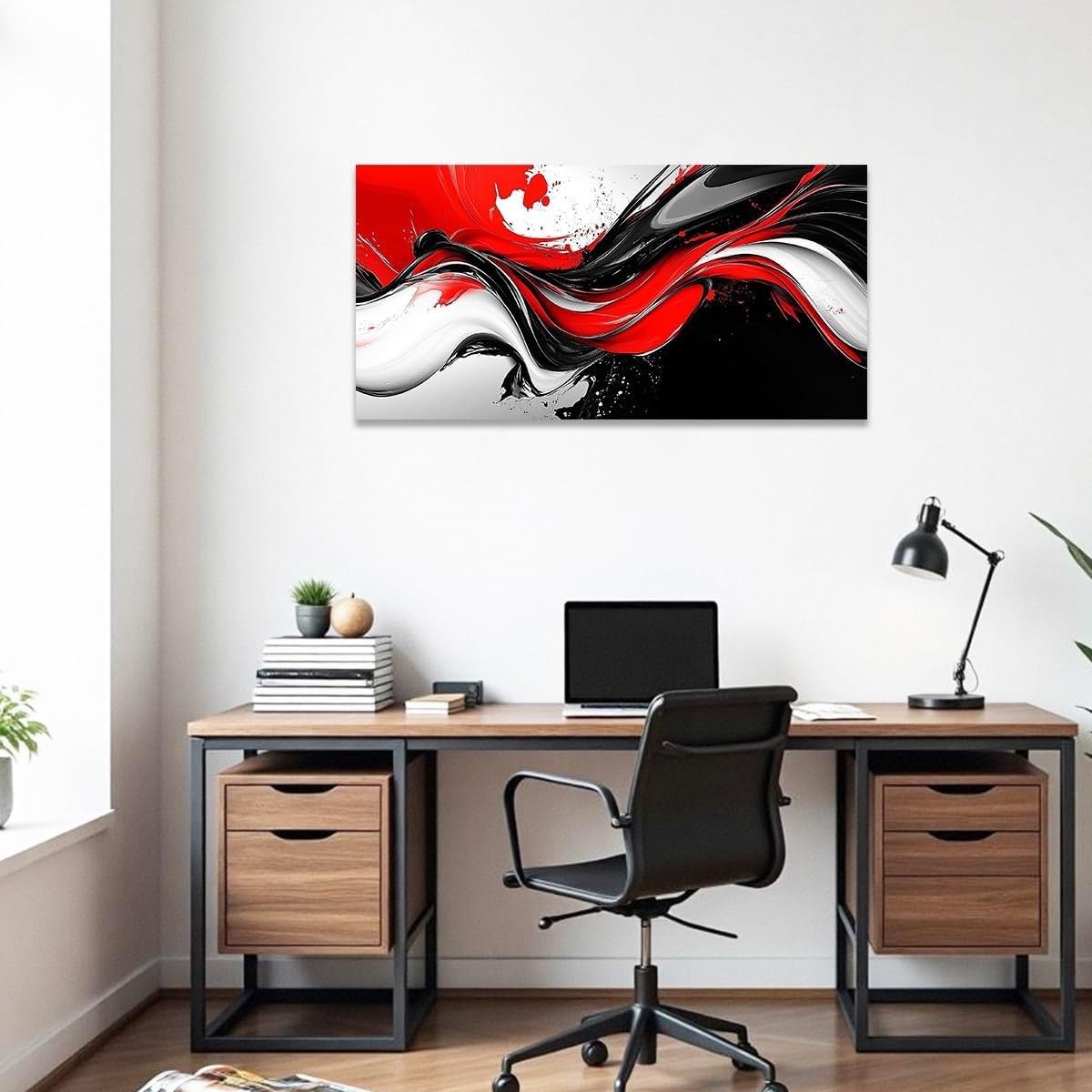 Large Black White Red Abstract Canvas Wall Art Modern Framed Print
