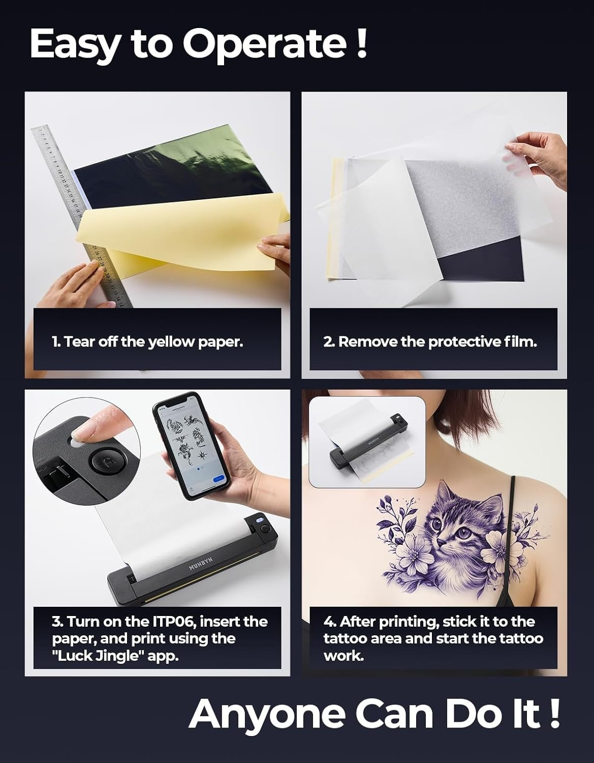 Black Wireless 300DPI Tattoo Stencil Printer Thermal Kit for Artists