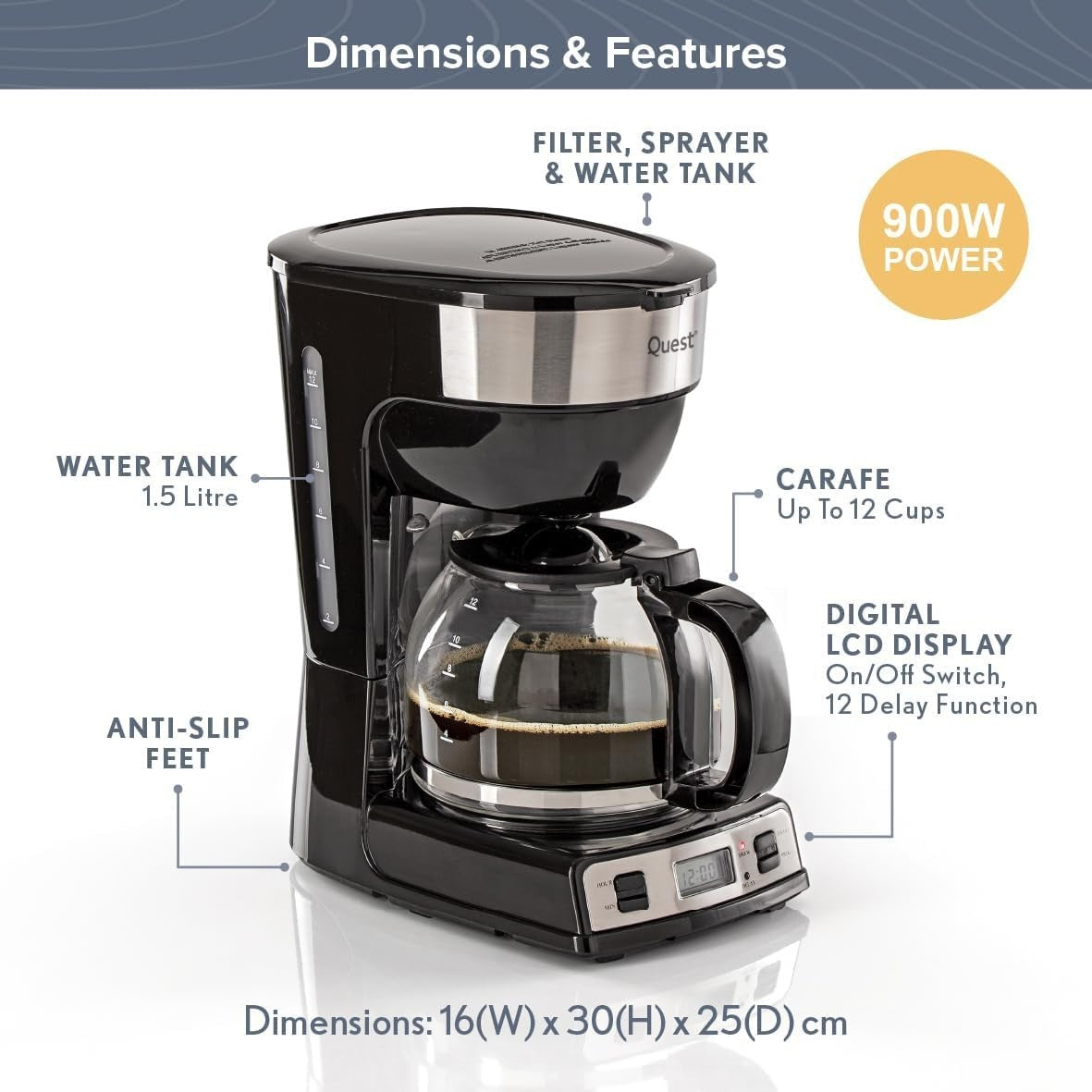 Digital Filter Coffee Machine 1.5L 12 Cup Timer Keep-Warm Anti-Drip 900W