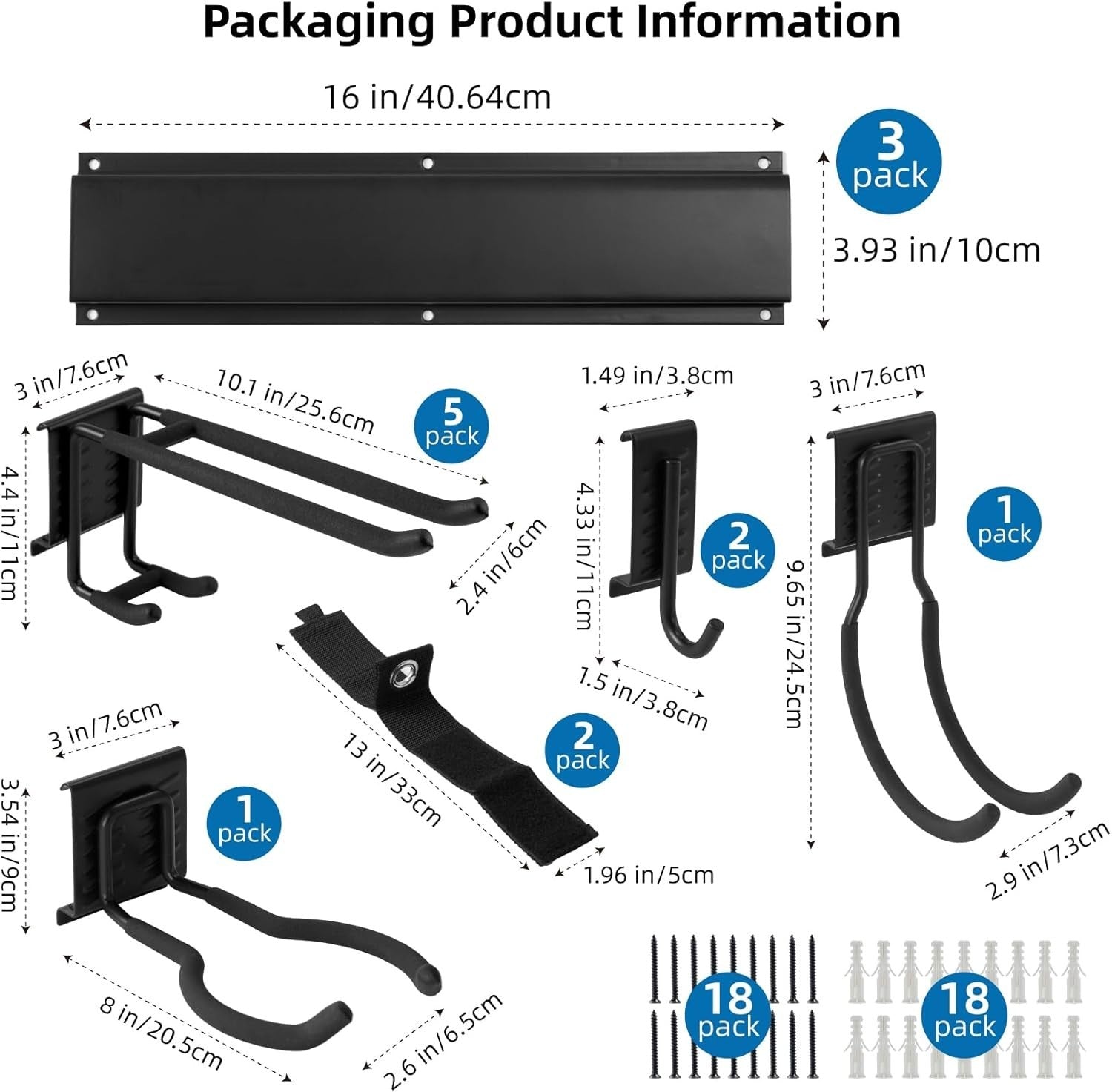 Garage Tool Rack Wall Mounted 9 Adjustable Hooks Heavy Duty Steel Black