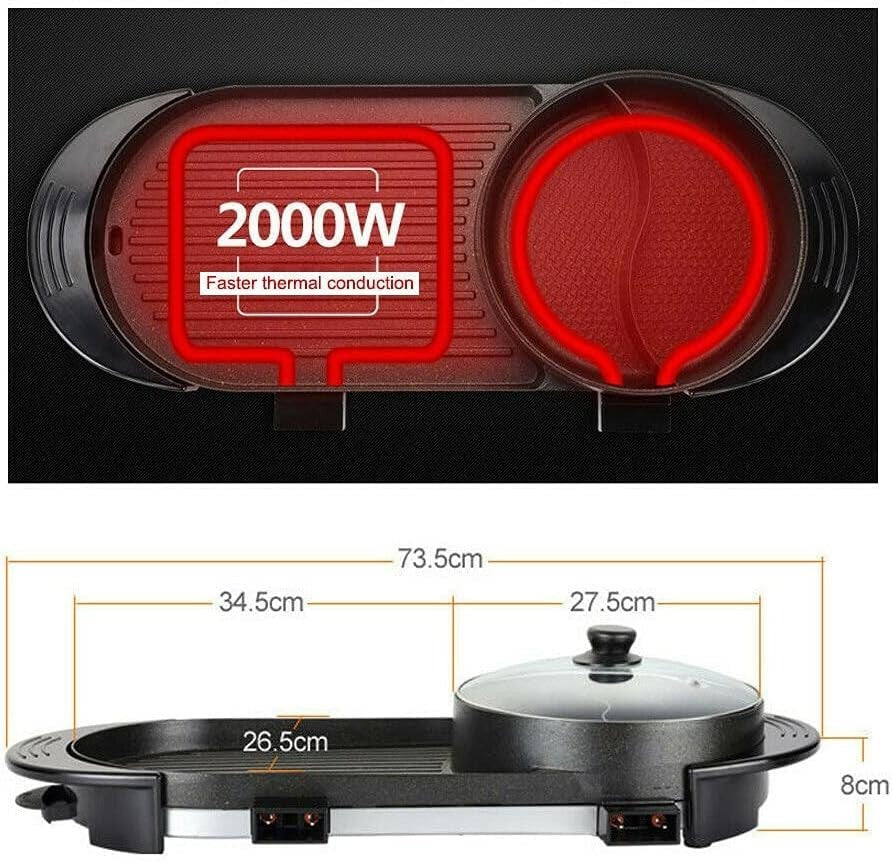 2 in 1 Electric Hot Pot & Grill Non-Stick Teppanyaki BBQ Pan Adjustable Heat