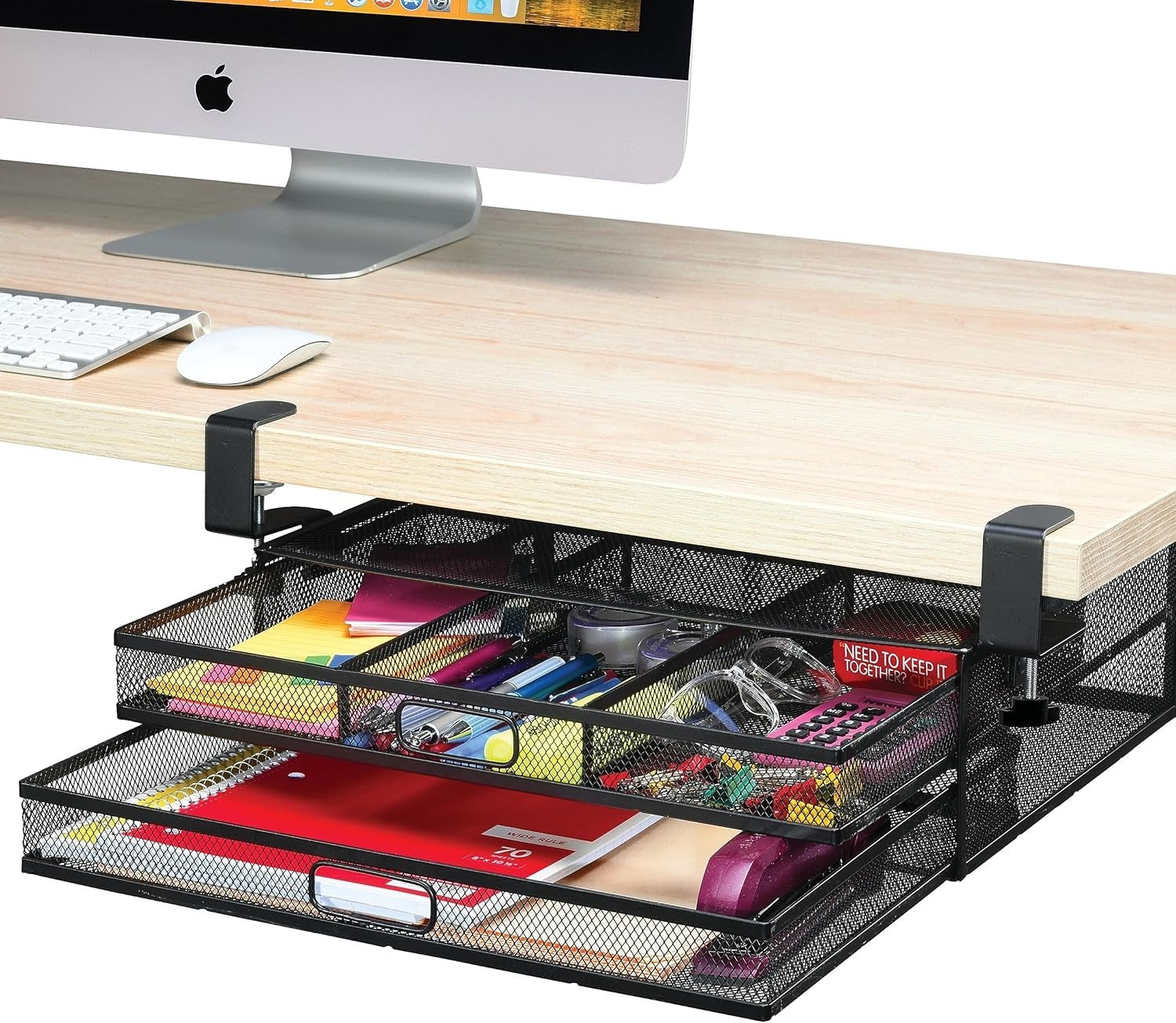 Under Desk Drawer Organizer 2-Drawer Mesh Metal Clamp-On Office Storage
