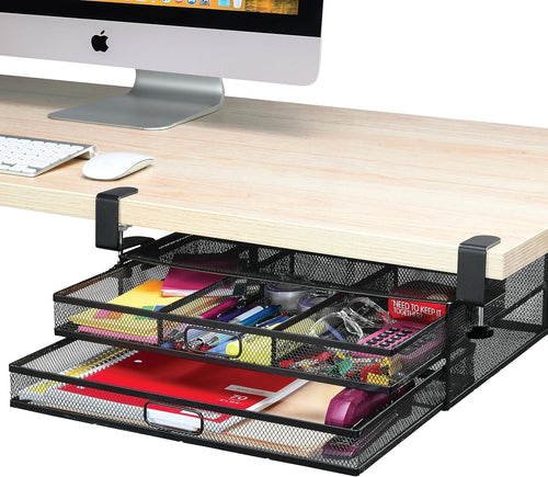 Under Desk Drawer Organizer 2-Drawer Mesh Metal Clamp-On Office Storage
