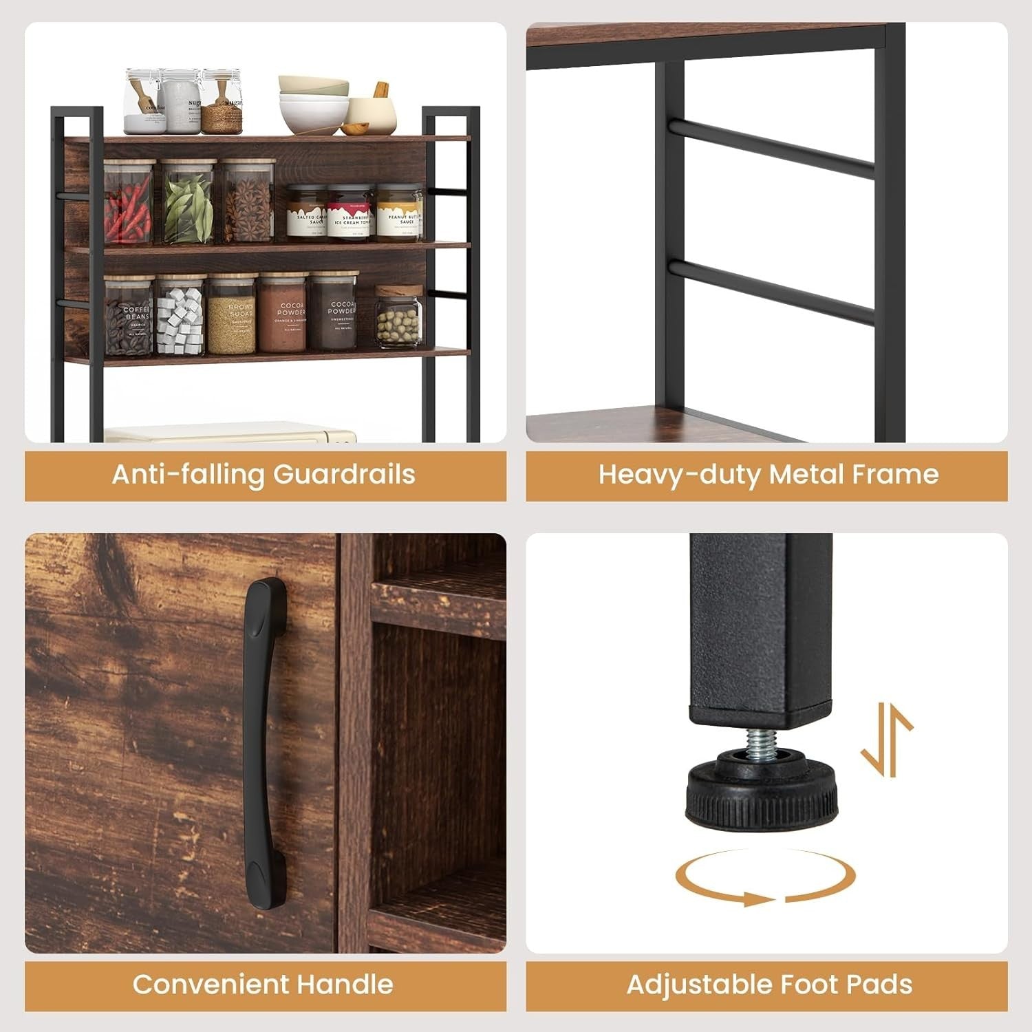 Kitchen Baker’s Rack Wine Bar Cabinet with Power Outlets, Rustic Brown Storage