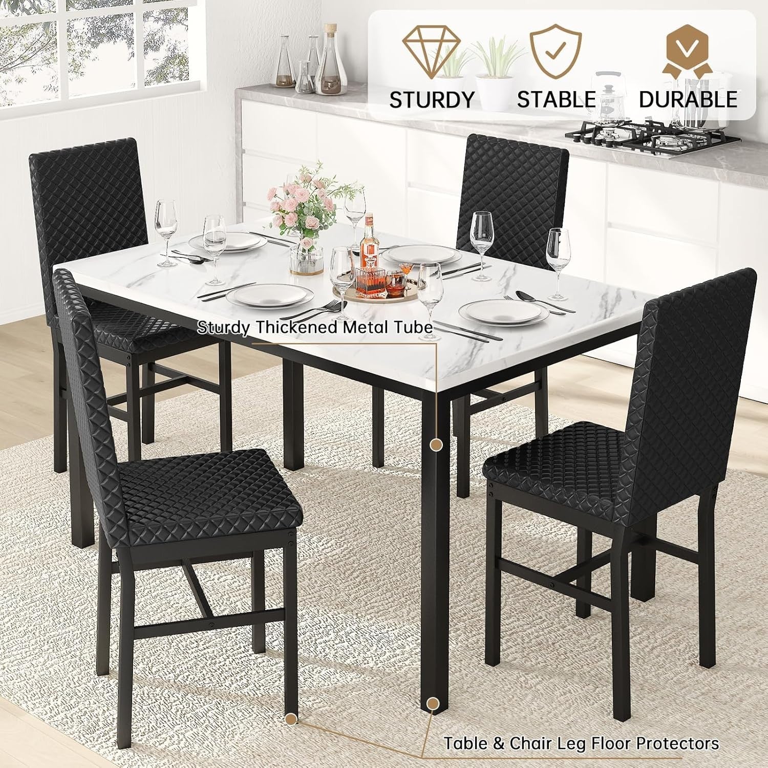 White Faux Marble Dining Table & 4 Black PU Leather Chairs Set for Small Rooms