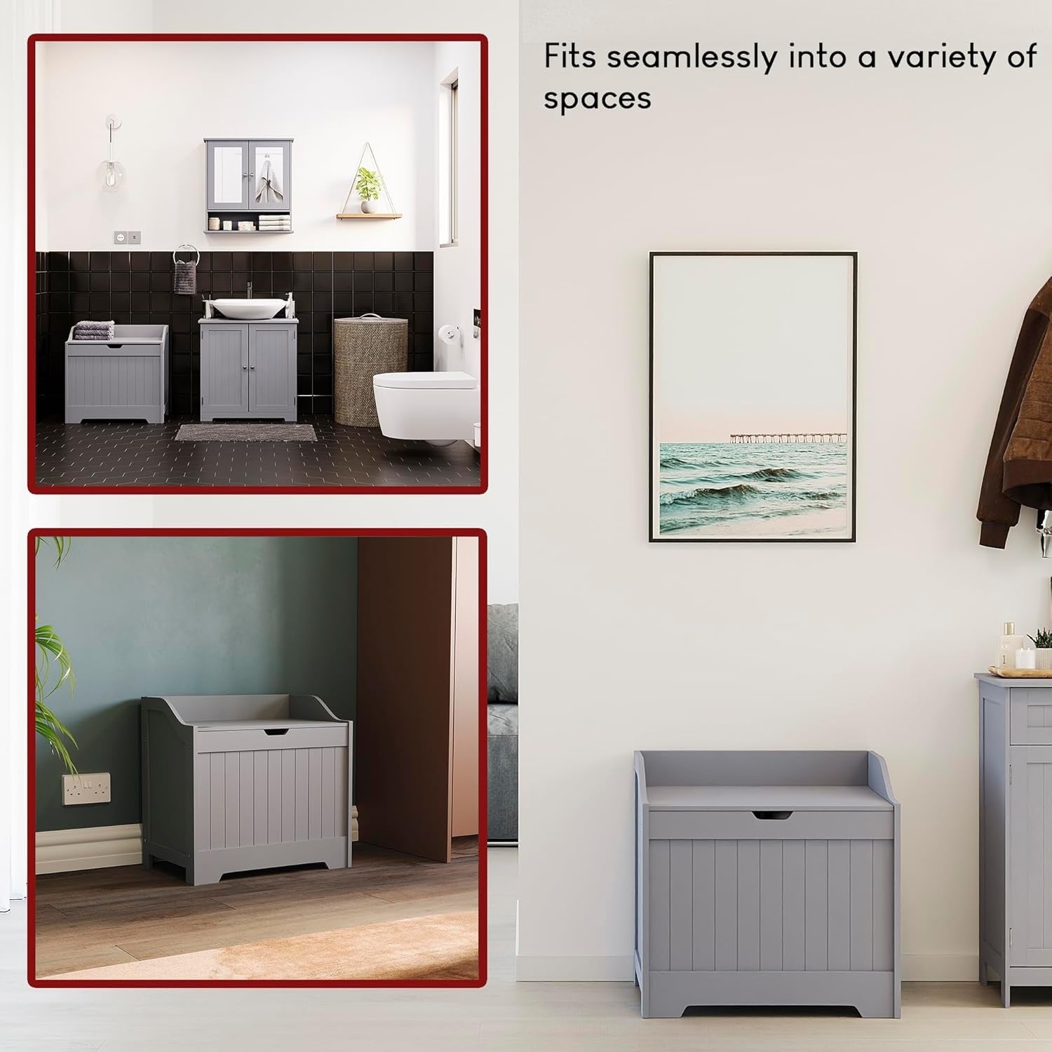 Bathroom Laundry Cabinet Storage Chest with Wooden Basket Grey MDF