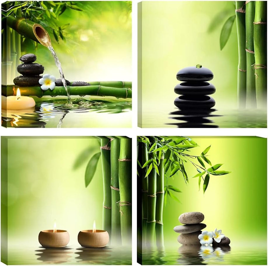 4 Panel Zen Bamboo Canvas Wall Art Framed Green Spa Prints