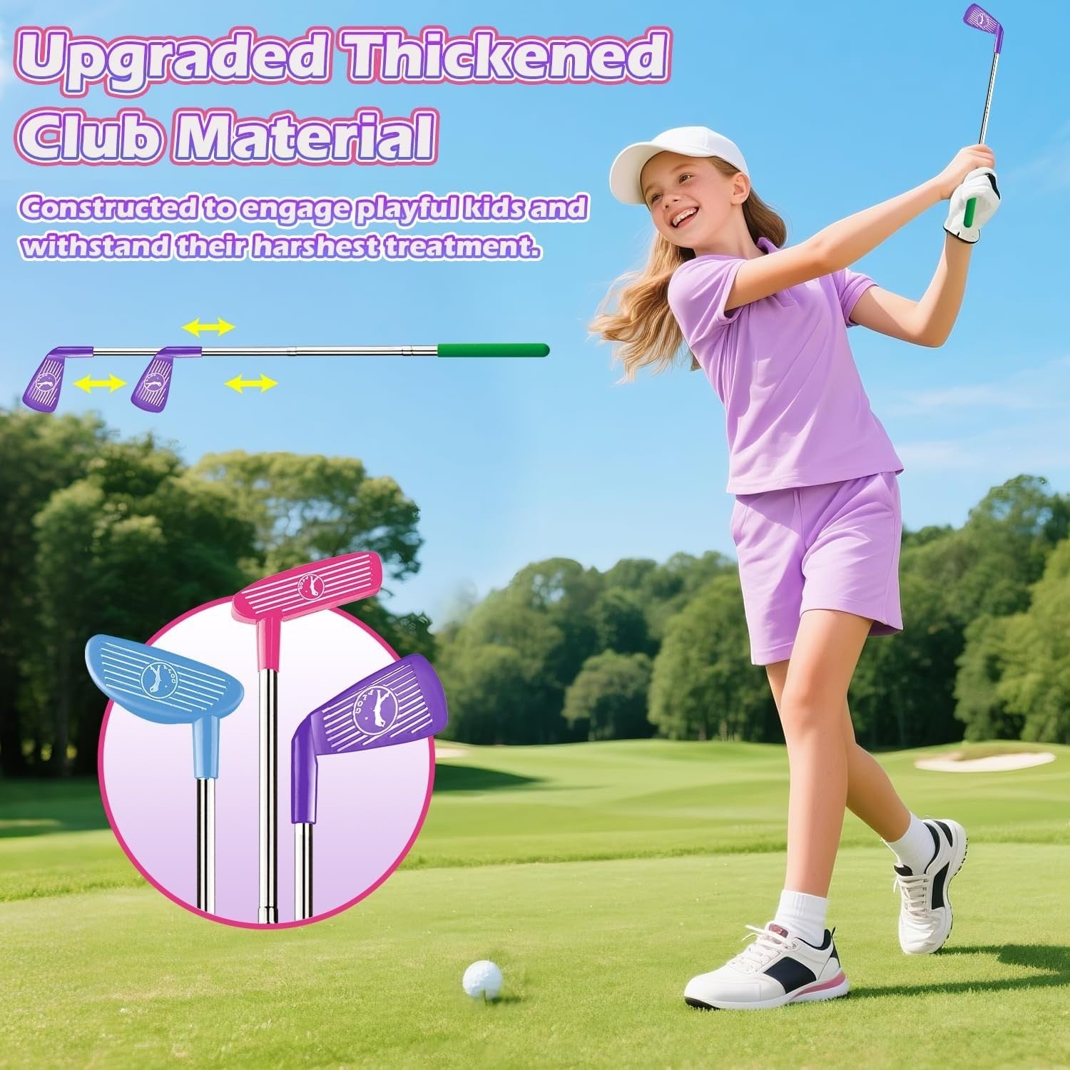 Kids Golf Set Dinosaur Auto Ball Return LED Balls Putting Mat Pink 26”