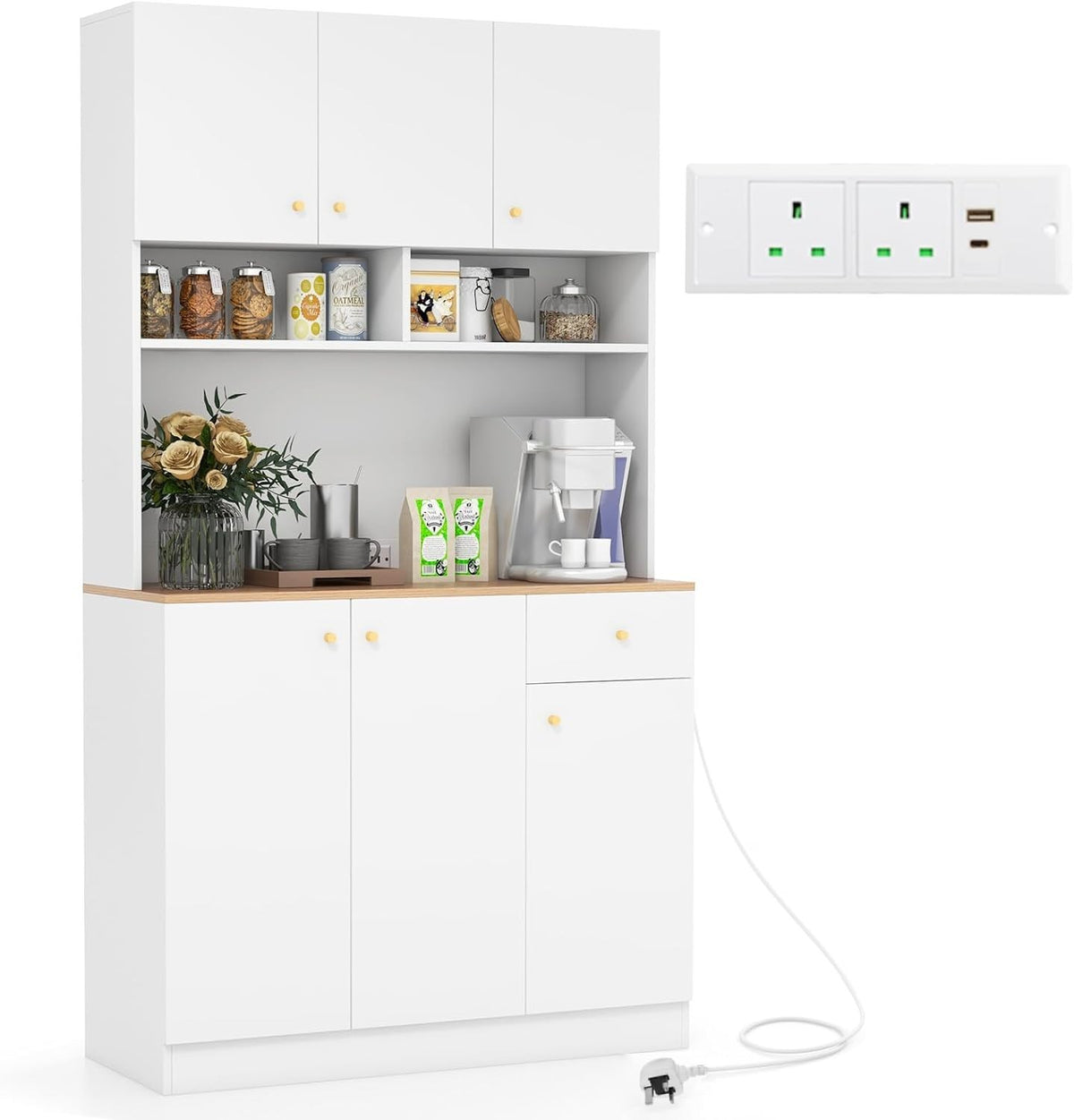 180cm Wooden Kitchen Cupboard White | AC Outlets & USB Storage