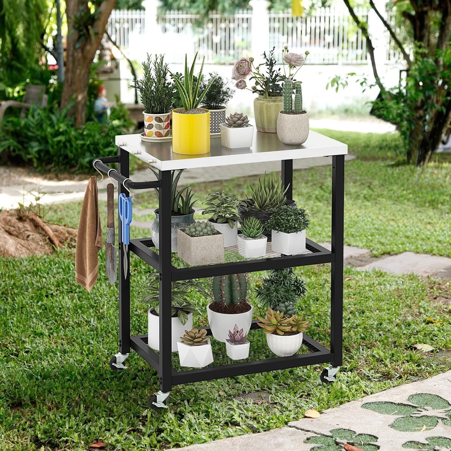 3-Tier Outdoor Grill Cart Pizza Oven Stand Stainless Steel Top BBQ Trolley 72x41