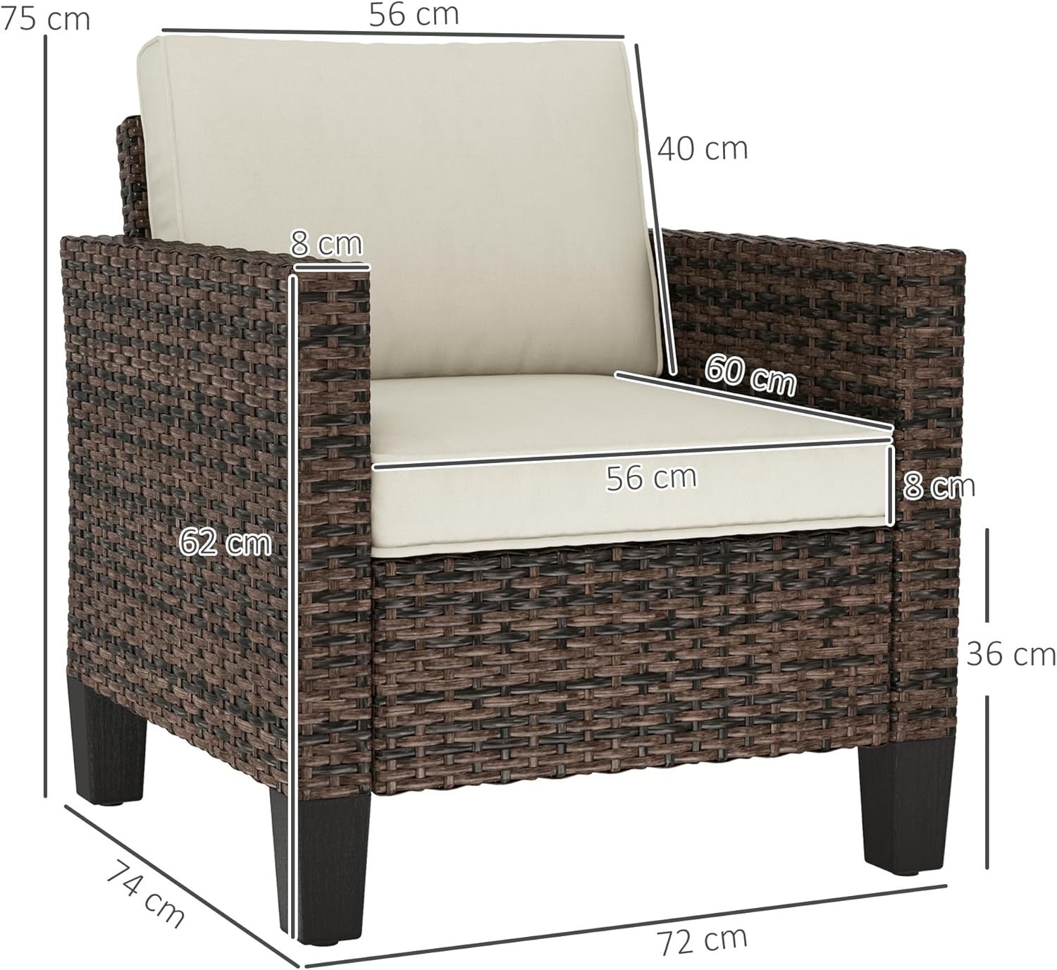 Rattan Garden Armchair with Cushions Brown Outdoor Patio Conservatory Chair