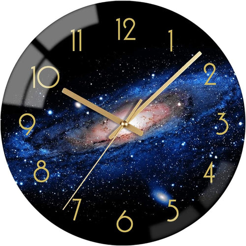 12" Night Sky Glass Wall Clock Silent Non-Ticking Modern Galaxy Decor