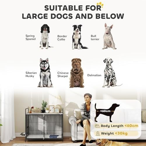Dog Crate Furniture with Feeding Bowls & Storage, Lockable Doors, Grey