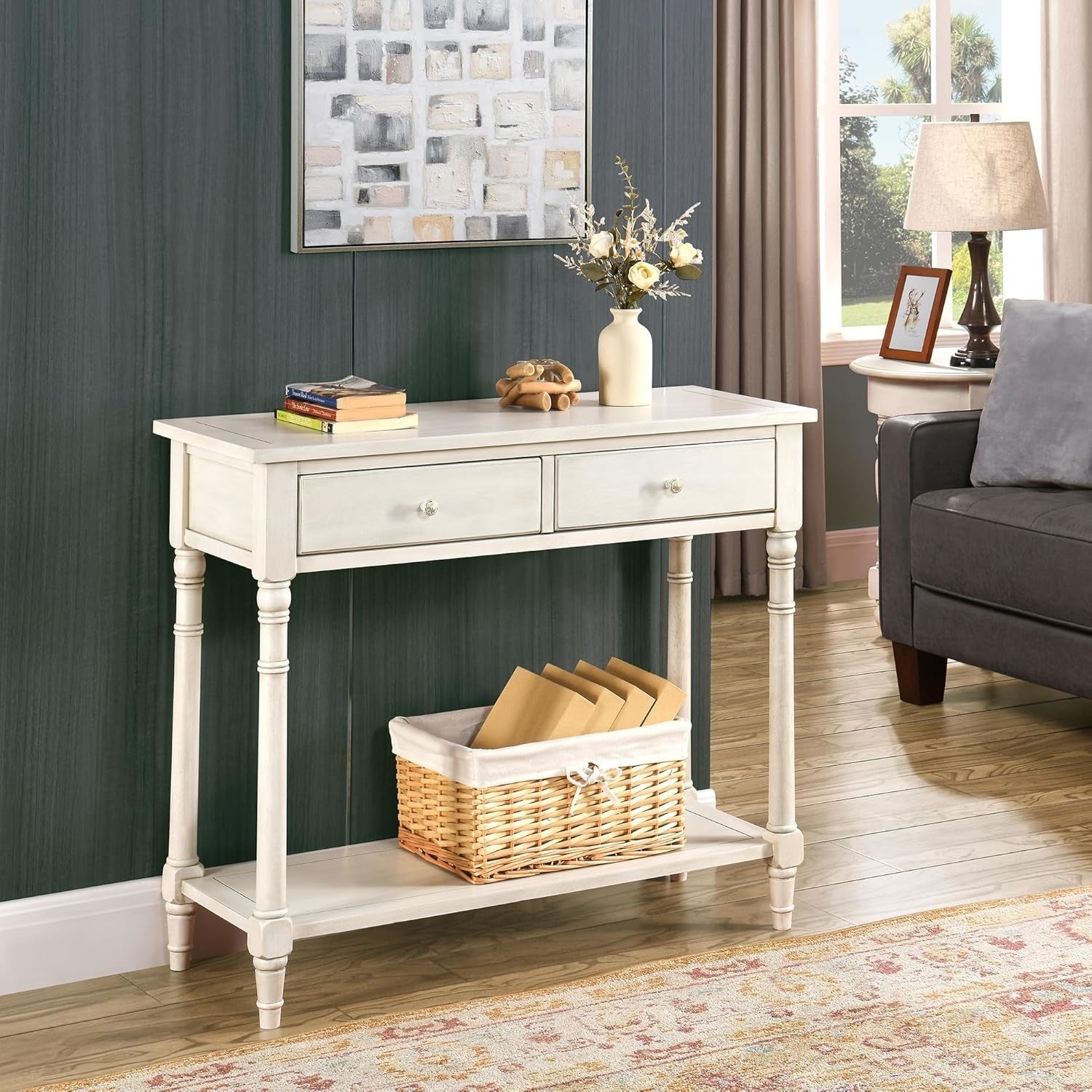 White Console Table with 2 Drawers & Shelf, 90x76.5cm, Entryway Storage