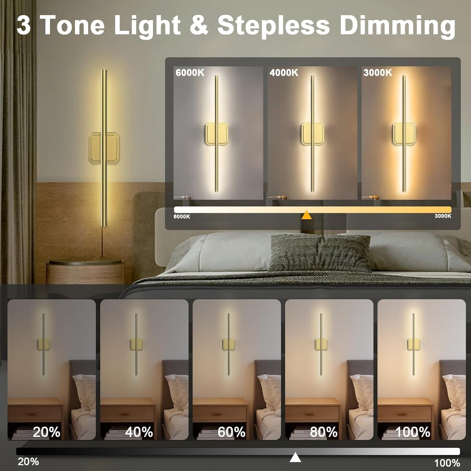 Rechargeable Wireless Wall Sconce Lights, Dimmable Remote Control, 70CM