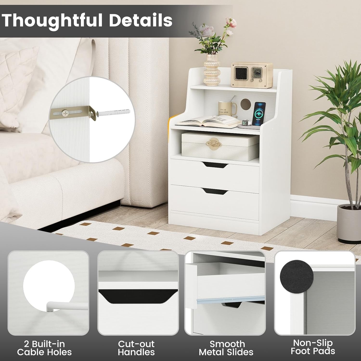 White LED Bedside Tables with Charging Station, Drawers & RGB Shelves (Set of 2)