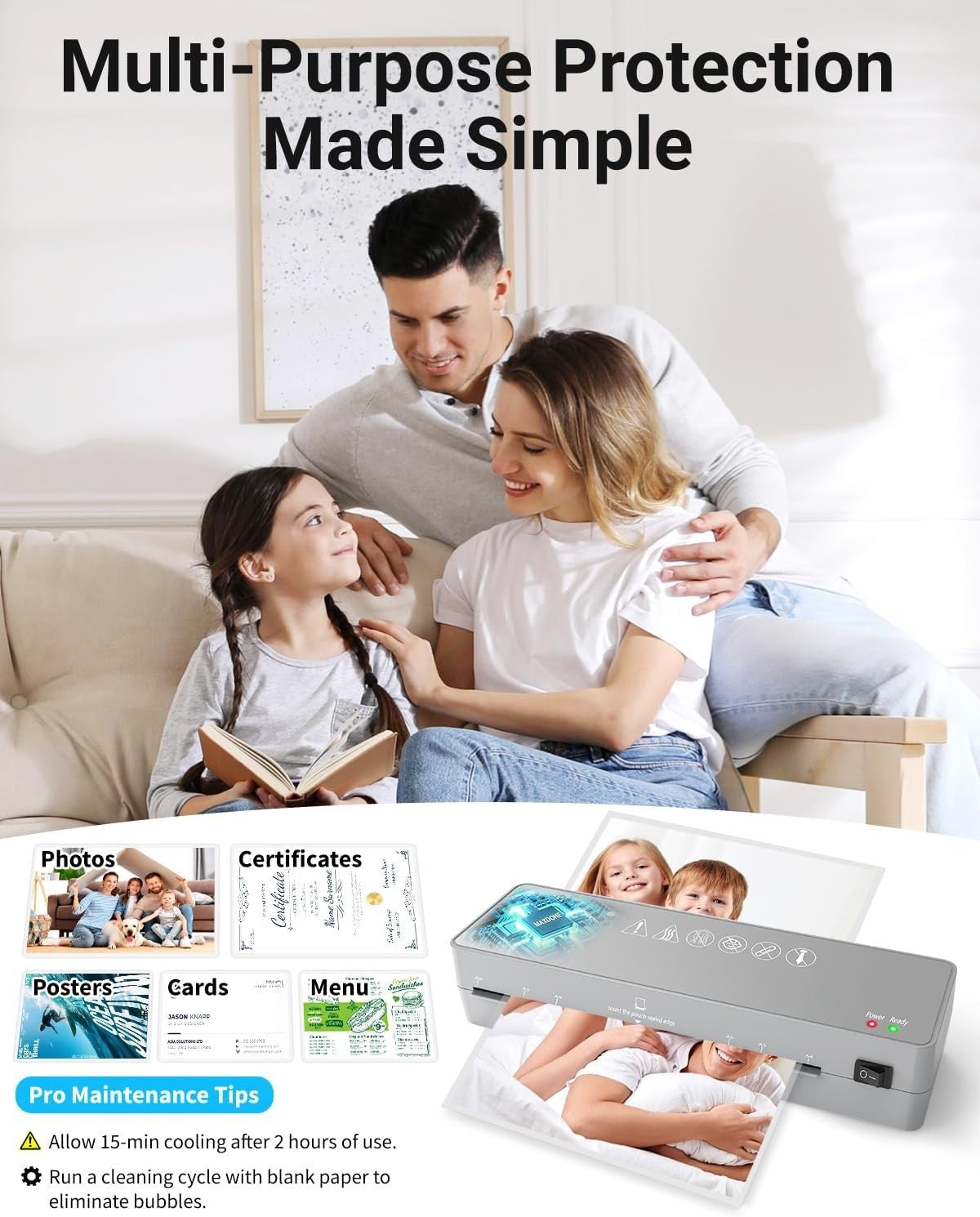 A4 Laminator Machine Fast Warm Up No Bubble Anti Jam Compact + Pouches