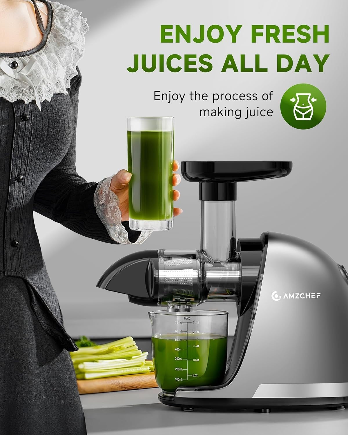 Cold Press Slow Juicer Masticating High Yield Easy Clean BPA Free Grey Kit